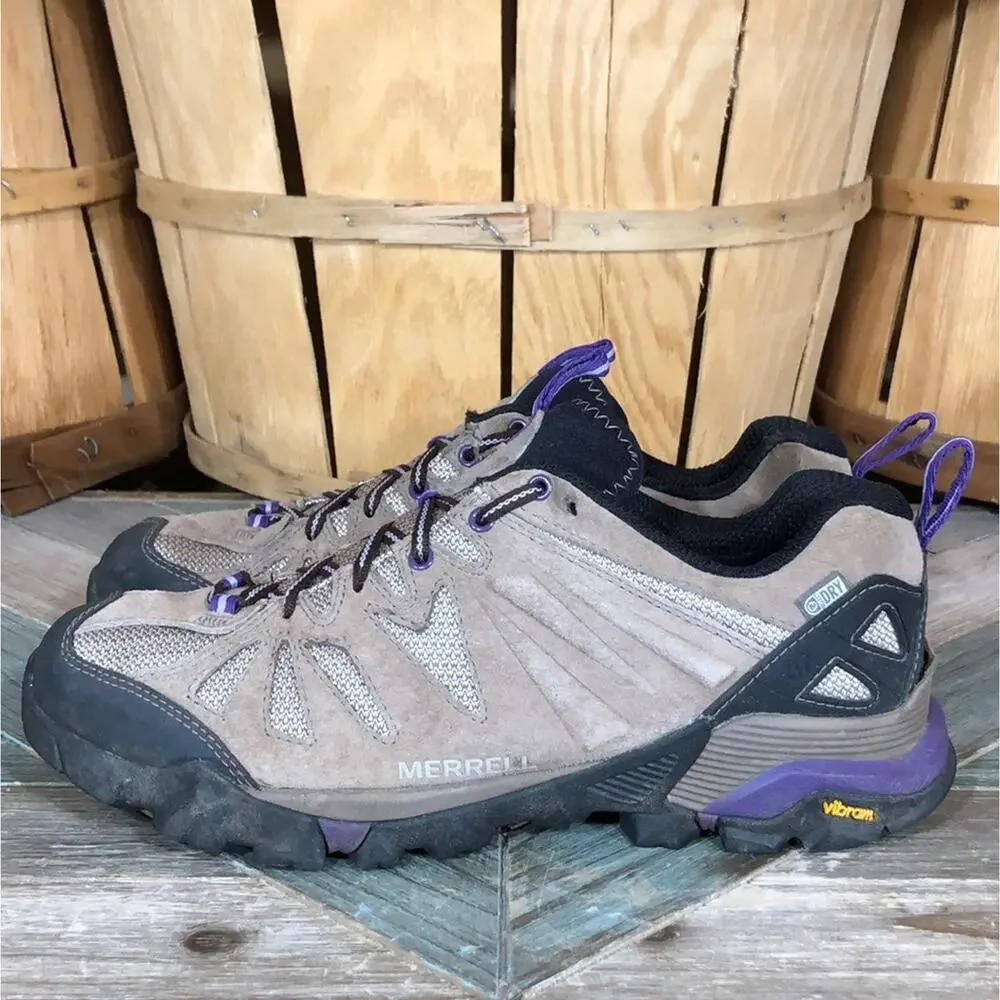 Merrell Capra Low Tan Suede Purple Waterproof Vibram Hiking Shoes Women Size 9.5